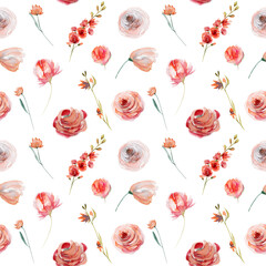 Watercolor flower seamless pattern of red and white roses and wildflowers, illustration on white background