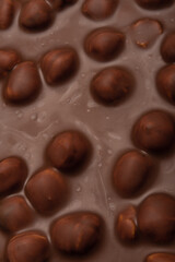 Milk chocolate with hazelnuts, sweet cocoa dessert. Chocolate texture or background.