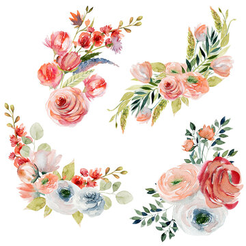 Set of watercolor spring floral bouquets and compositions of tender roses and wildflowers, green leaves and branches; hand painted isolated illustrations on a white background