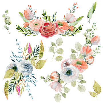 Set of watercolor spring floral bouquets and compositions of tender wildflowers, green leaves, branches and eucalyptus; hand painted isolated illustrations on a white background