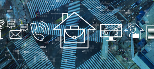 Telework theme with busy city traffic intersection