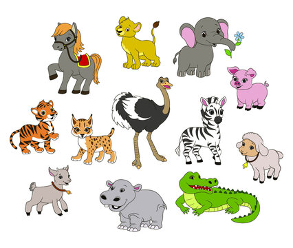 set of isolated animal characters for children's games and books, vector illustration in cartoon style