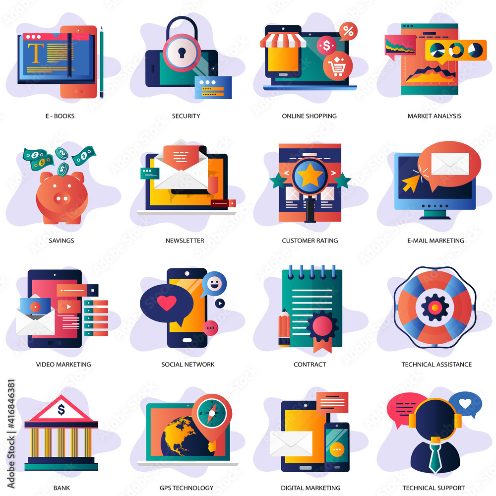 Wall mural business, technology and management icon set for websites and mobile applications. flat vector illus