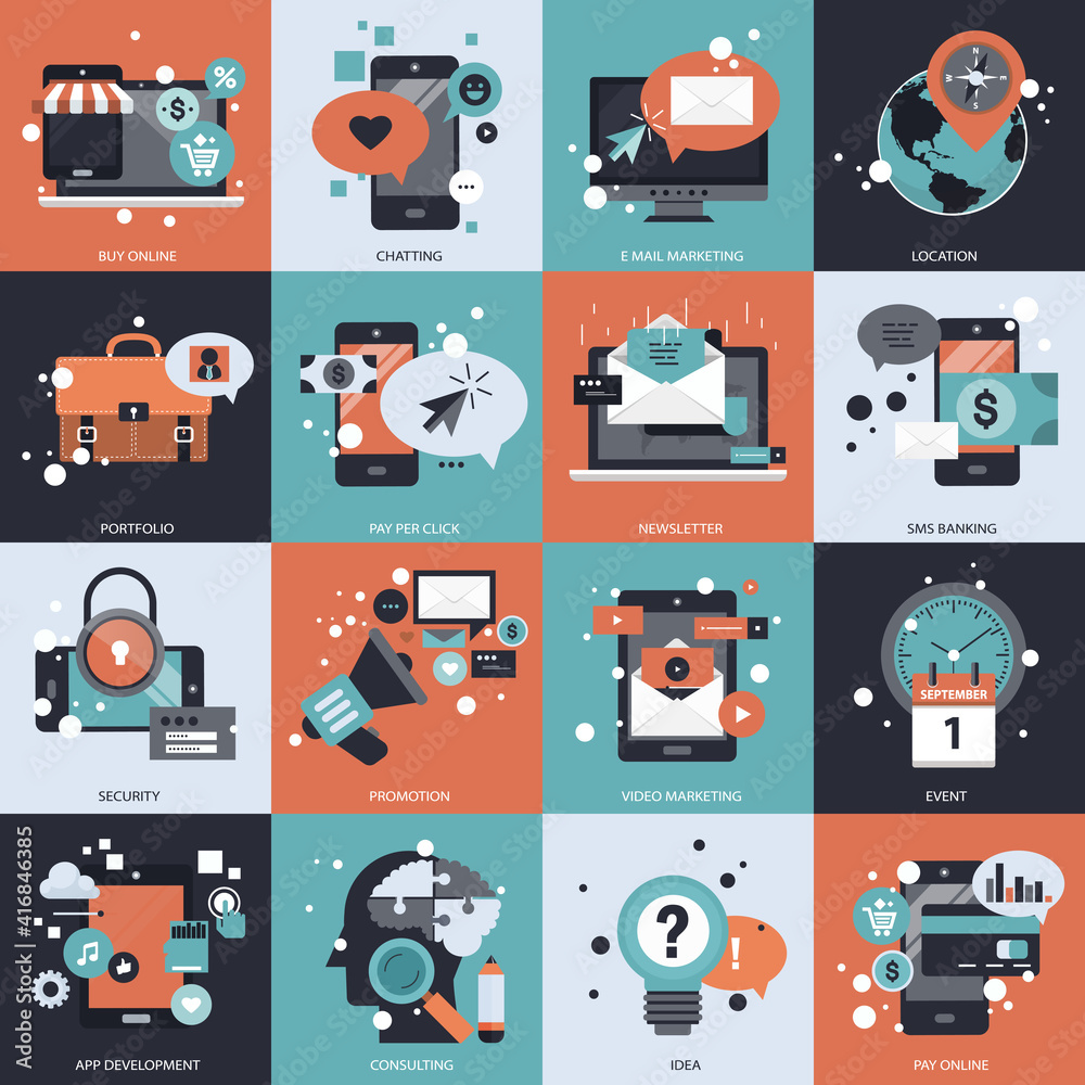 Wall mural business, technology and management icon set for websites and mobile applications. flat vector illus