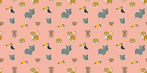 Seamless pattern of cartoon cute leopards, rainbow toucans, spider monkeys, and their faces with white outlines like stickers on a pink background. Digital paper. Vector.