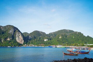 Beautiful landscape with rocks, cliffs, tropical beach. Phi Phi Island, Thailand.