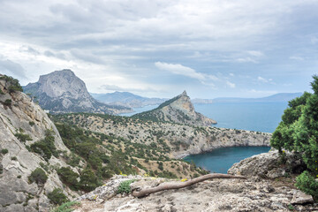The Black Sea coast near Novy Svet, South-Eastern Crimea.  View of Mount Sokol and Mount Koba-Kaya.