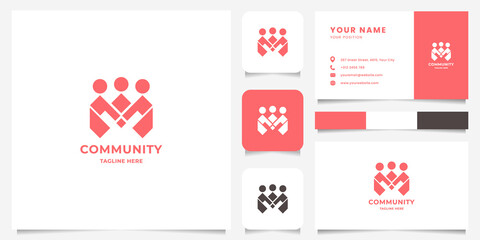 Simple and minimalist holding hand peoples form letter M logo with business card, icon, and color palette