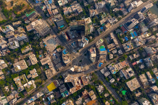 Aerial view of an empty junction in Dhaka city centre, view of the Gulshan circle roundabout in Dhaka, Bangladesh.