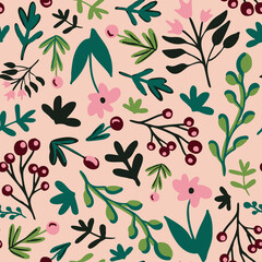Different botanical plants seamless repeat pattern. Random placed, vector flowers, berries, herbs, branches and bushes minimal all over surface print on rose background.