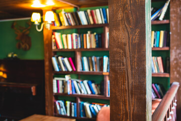 Old university college library interior with a bookshelves, books and bookcase, classic style school interior archive with wooden ladder