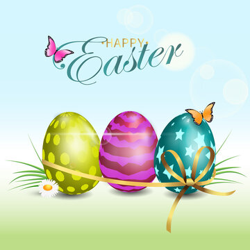 Happy easter card with text Happy easter with decor, eggs, grass, bow and butterflys. Vector illustration.