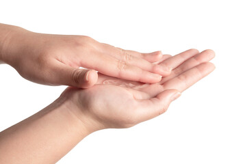 Woman hand using wash hand sanitizer gel to prevention virus epidemic or antibacterial on white background.