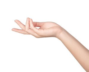 Woman hand showing isolated on white background.