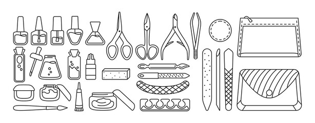 Manicure equipment black line set. Polishing nails, nail polish, file, tweezers, hand cream, scissors, oil, nippers brush. Manicure outline tools design elements beauty and Spa concept trendy vector