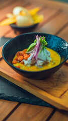 Plate of fresh Ceviche, bowl type with spices, unique dish and restaurant specialty, served at a table in front of the beach Guanacaste Costa Rica