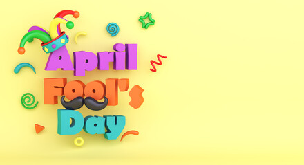 April fools day decoration background with jester hat, copy space text, 3D rendering illustration	