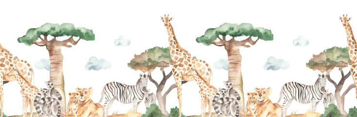 Watercolor seamless border mom and baby with giraffes, lemurs, zebras, lions in the savannah