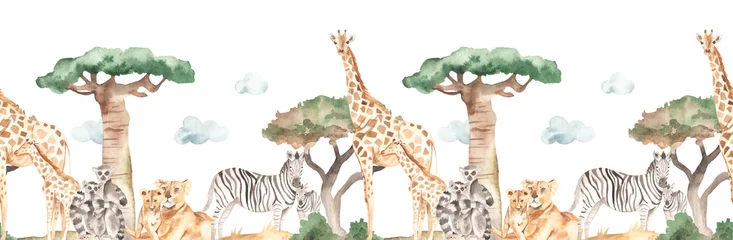 Abwaschbare Fototapete Babyzimmer Aquarell nahtlose Grenze Mama und Baby mit Giraffen, Lemuren, Zebras, Löwen in der Savanne