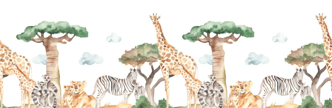 Watercolor seamless border mom and baby with giraffes, lemurs, zebras, lions in the savannah © MarinaErmakova