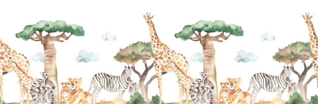 Watercolor seamless border mom and baby with giraffes, lemurs, zebras, lions in the savannah