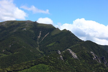 Fototapeta na wymiar 瑞牆山（みずがきやま）　山頂からの眺望、緑の山々。奥秩父・山梨県北斗市にある山、百名山の一つ。花崗岩で形成され、頂上付近は岩がむき出しとなっている、