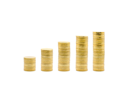 The minimal Gold coins towers graph pattern that shows the growth of investment and saving money from left to right are isolated on white background. Clipping Paths.