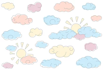 Schilderijen op glas Colorful doodle seamless pattern with clouds and sun. © Julia