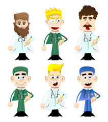 Fototapeta premium Funny cartoon doctor holding a pencil. Vector illustration. Health care worker.