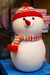 Snowman with hat and scarf in front of glass window