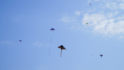 Children's toy kite with rainbow color flying in the blue sky, copy space