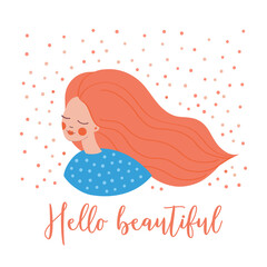 Cute red haired girl face on abstract background. Girly colorful hand drawn vector illustration. Hello beautiful greeting card.
