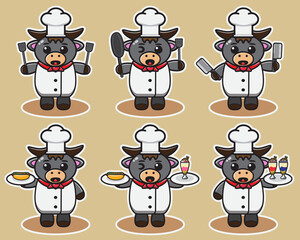 Vector illustration of cute Buffalo Chef cartoon. Cute Buffalo expression character design bundle. Good for icon, logo, label, sticker, clipart.