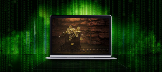 laptop in front of cryptic background showing image of bitcoins falling into an old mining lore as a concept for mining bitcoins