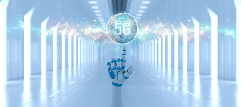 robot hand with message 5G in front of a futuristic white hallway