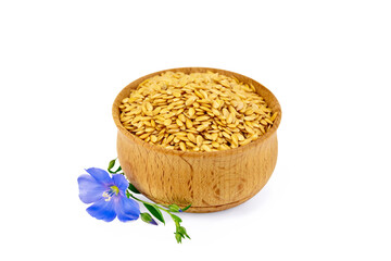 Flaxen white seed in bowl with flower