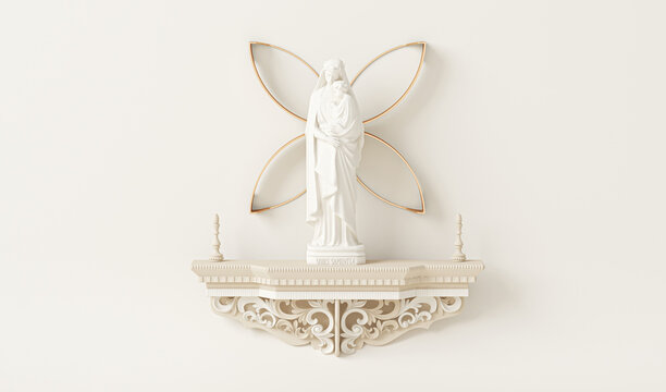 White Virgin Mary Mother of Jesus Statue. Religion, belief and hope. Holy and sacred places. 3d rendering
