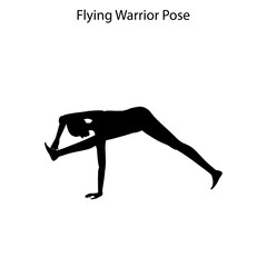 Flying Warrior pose yoga workout silhouette. Healthy lifestyle vector illustration