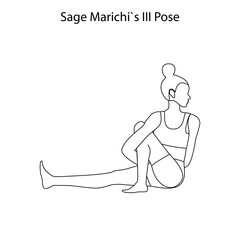 Sage marichis III pose yoga workout outline. Healthy lifestyle vector illustration