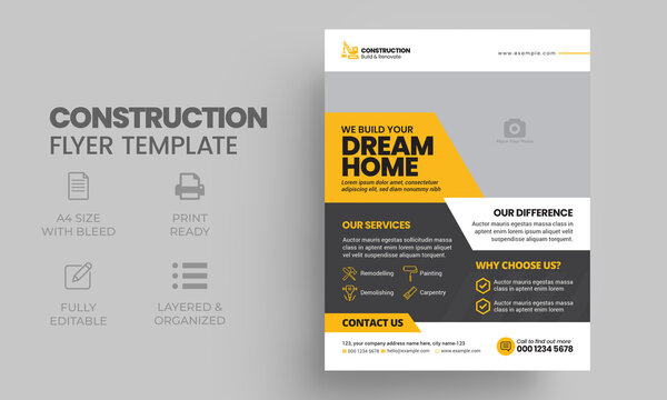 Construction and renovation business flyer template with creative modern layout