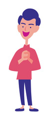Obraz premium Smart male with big smile wearing fashioned costume and holding own hands. Handsome man smiling happily. - vector