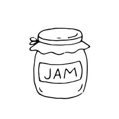 Jar of jam. Food. Sweetness. Vector hand-drawn doodle illustration. Black and white outline. Coloring for children. Silhouette.
