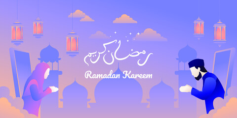 islamic people character greeting ramadan kareem with flat stars lantern and mosque as background