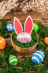 Bright colorful Easter eggs and paper rabbit ears on a wooden background with green moss