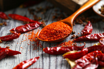 Chili powder in wooden spoon and dry pepper on grey wooden table