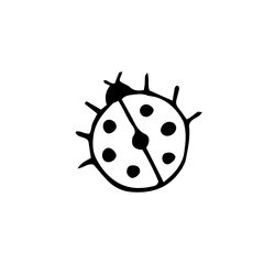 Ladybug. Beetle with polka dots. Insect. Vector hand-drawn doodle illustration. Black and white outline. Coloring for children. Silhouette.