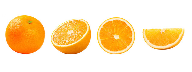 Set of Orange fruit  with half and slices isolated on white background.