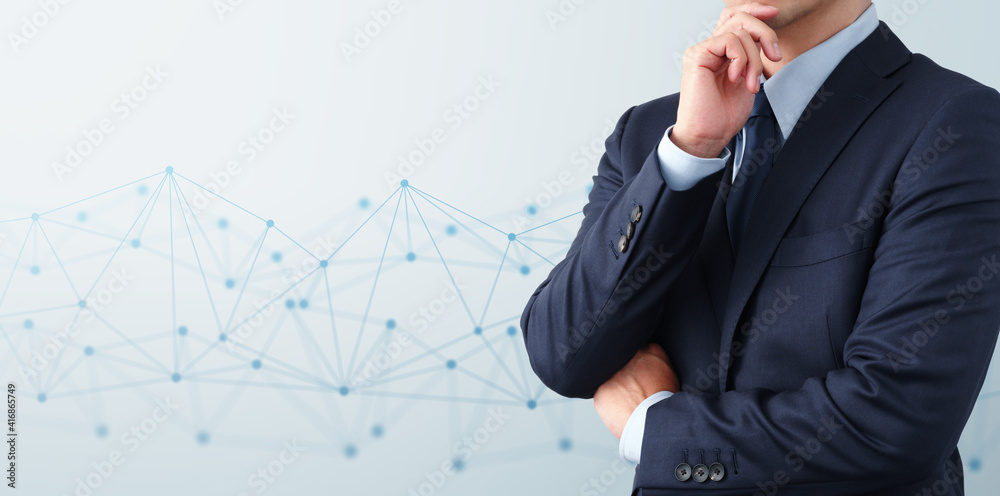 Poster thinking technology and network system. businessperson in blue suit. blue network structure.