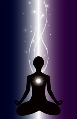 A meditating person in the lotus position. Yoga classes. Human energy, aura. The stars are shining. Black silhouette.Dark background. Vector