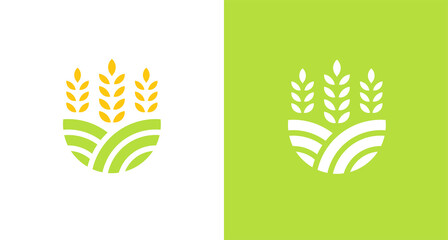 natural and organic farming land logo with wheat plant leaves element, simple environmental logo